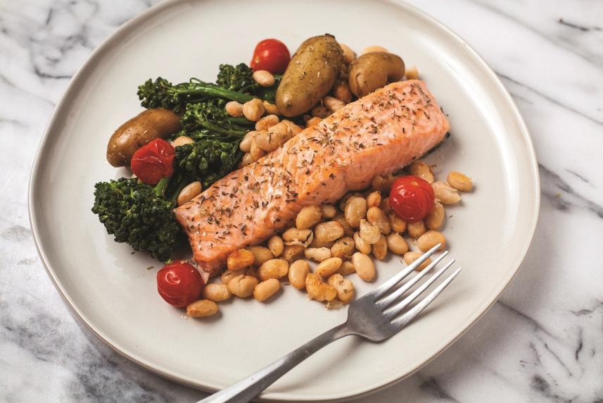 Foil-pack mediterranean salmon and veggies plated